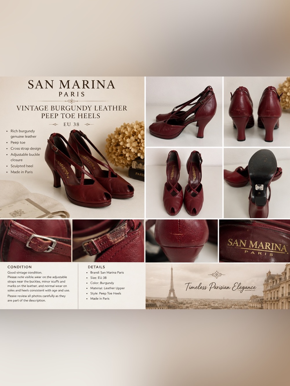 San Marina Paris Burgundy Leather Peep Toe Cross Strap Heels EU 38